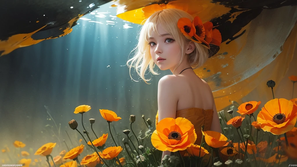 32k, Masterpiece, Highest quality, One girl, Detailed eyes, flower,Iceland Poppy, Orange and yellow style,A dreamy, romantic piece,Pale yellow, Mysterious Leaves,A playful arrangement,Fantasy,High Contrast,Ink strokes,explosion,Exposure, Impression of orange and yellow tones,Abstract,((Watercolours by John Berkey and Jeremy Mann )) Brush strokes,Negative Space, Tyndall effect,
