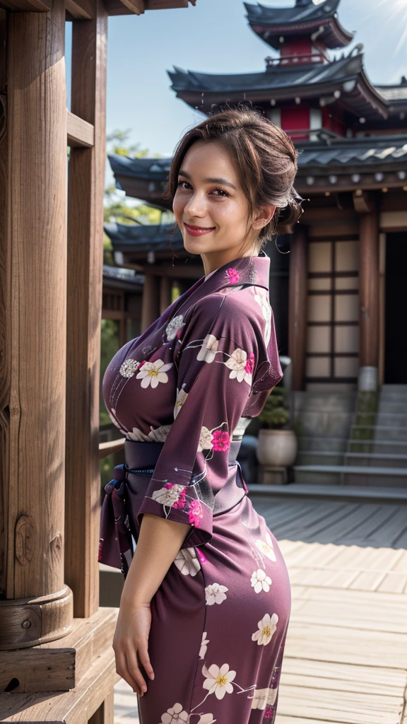 ((20 year old girl)), (Wearing a luxurious yukata, Jewelry: 1.4), ((Inside a Medieval Japanese Palace)), (at night), (((Huge breasts, cleveage))), (Hourglass figure), Lipstick, photoPractical, masterpiece, Practical, realism, photorealism, High contrast, photoPractical, 8k HD high definition detailed Practical, detailed, Texture, hyper detailed, Practical Texture, best quality, (photoPractical:1.4), high resolution, detailed, RAW photos, photo Practical, (high detailed skin:1.2), 8K Ultra HD, Digital SLR Camera, Soft lighting, high quality, Film Grain, Fuji XT3), hyper Practical lifelike texture dramatic lighting unreal engine, even, Neutral Light, Key Light, bold, Vibrant colors, sunlight, (Balanced Saturation), (Dynamic Lighting), (Natural Lighting), ((soft red Lipstick)), (Natural Makeup), ((Ginger Hair)), ((Glowing skin)), (Colored lights), (Gentle smile : 1.7), (Female pose : 1.5), ((Side angle shot : 1.7)), (Looking at the camera : 1.4)，Low-cut，Cleavage，White skin。To the audience