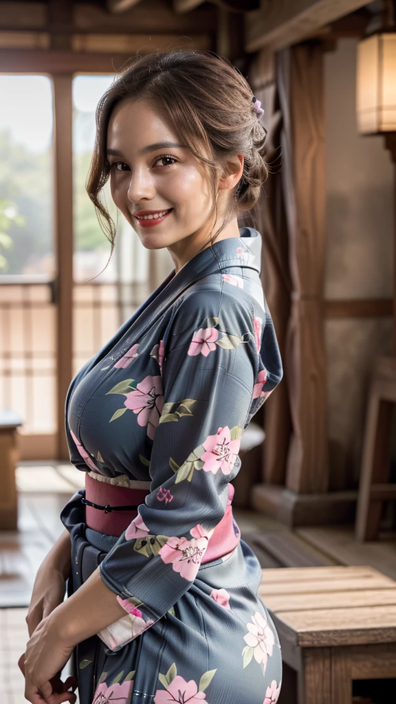 ((20 year old girl)), (Wearing a luxurious yukata, Jewelry: 1.4), ((Inside a Medieval Japanese Palace)), (at night), (((Huge breasts, cleveage))), (Hourglass figure), Lipstick, photoPractical, masterpiece, Practical, realism, photorealism, High contrast, photoPractical, 8k HD high definition detailed Practical, detailed, Texture, hyper detailed, Practical Texture, best quality, (photoPractical:1.4), high resolution, detailed, RAW photos, photo Practical, (high detailed skin:1.2), 8K Ultra HD, Digital SLR Camera, Soft lighting, high quality, Film Grain, Fuji XT3), hyper Practical lifelike texture dramatic lighting unreal engine, even, Neutral Light, Key Light, bold, Vibrant colors, sunlight, (Balanced Saturation), (Dynamic Lighting), (Natural Lighting), ((soft red Lipstick)), (Natural Makeup), ((Ginger Hair)), ((Glowing skin)), (Colored lights), (Gentle smile : 1.7), (Female pose : 1.5), ((Side angle shot : 1.7)), (Looking at the camera : 1.4),Low-cut,Cleavage,White skin。To the audience