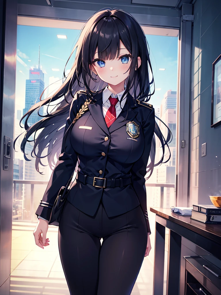 transparent,off-shoulder_sweater,1girl,slender,hime cut,straight_hair,black hair,side_blunt_bangs,blue eyes,symbol_in_eye,medium breasts,narrow_waist,huge filesize,smile,panorama,police_uniform,business_suit,