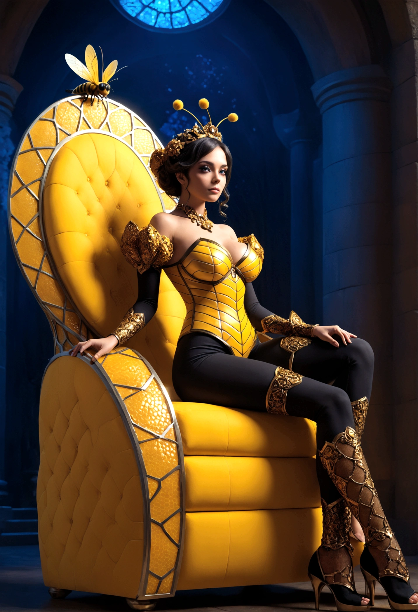 the queen of the bees (lovely woman, regal bee themed dress, ornate honeycomb throne) set within a massive fantasy beehive, she is attended to by many (bee|woman) drones (bee themed body paint)
