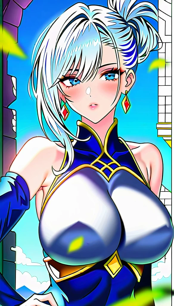 One girl, blue eyes, long hair, white hair, (((blue-streaked white hair))), french braids, delicate and flexible eyes, knightly attire, FOV, , ancient civilization's ruins background, blue sky, falling leaves, front portrait shot, face focus,  (((bare shoulders))), front bangs, (((asymmetrical hair))), knight lady, (((female knight blue attire))), looking at viewers, (((big breasts))), (((untied hair))), (((detached sleeves))), (patterned breastplate), (patterned breast armor), from front, face photoshot,long crystal earrings,huge earrings, silver earrings,long earrings 