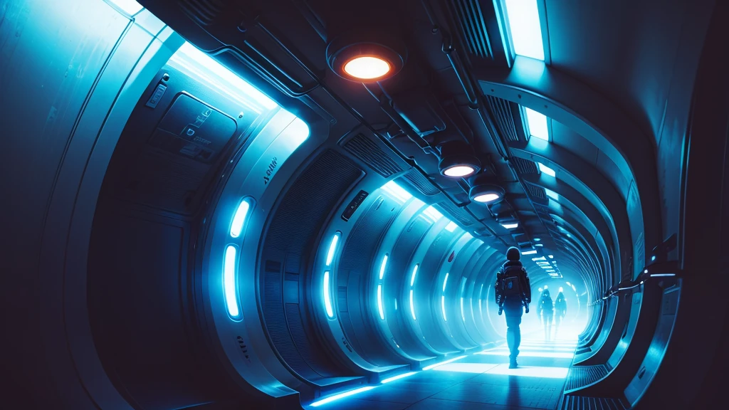 a close up of a tunnel with neon lights in the dark, spaceship hallway background, spaceship hallway, depicted as a scifi scene, futuristic lighting, futuristic setting, futuristic cyber subway station, claustrophobic and futuristic, cyber space, the image is futuristic, entering a quantum wormhole, inside a space ship, retrofuturist liminal space, detailed sci - fi backgrounds