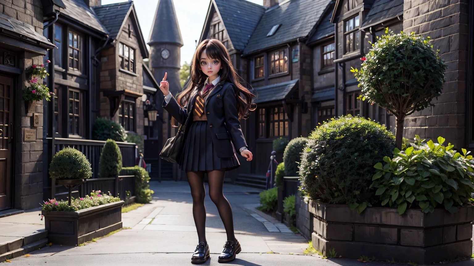 cute face girl, standing pose outside the harry potter school, full view of harry potter school, full school view show,