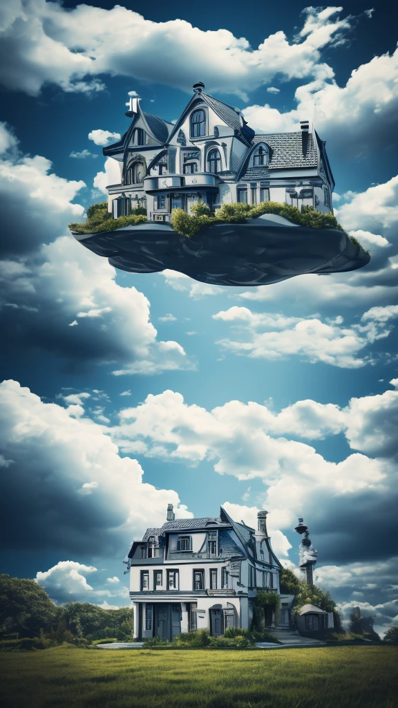 surrealism, house without doors, hill, roof made of clouds, silver fish in the windows, old clock in front of the house,