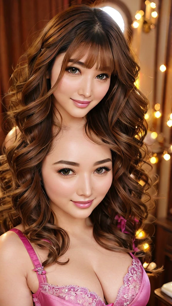 Beauty, Mystical Eyes、Big Boobs、Super sexy、Pale skin、Shiny Hair、Super long hair、Loose and fluffy perm、Close to blonde、Are fat、fat、smile、Heavy makeup、Pink lipstick、Thick lips、Moisturized lips、Plump、Voluptuous、Indian、looking at the camera、Has bangs、Bangs fall on the forehead、Mature Woman、Frivolous、Sexy Lingerie
