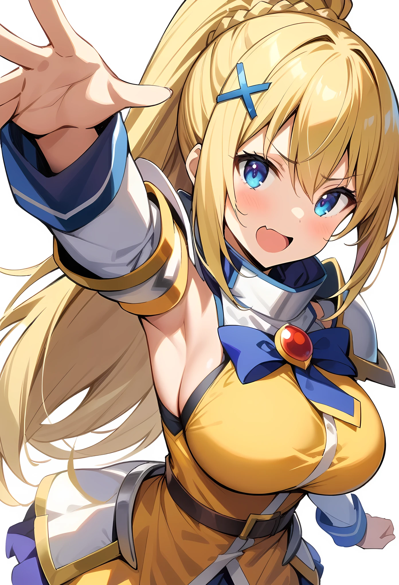 masterpiece, best quality, very aesthetic, absurdres,
darkness_(konosuba), kono_subarashii_sekai_ni_shukufuku_wo!, 1girl, long_hair, ponytail, blonde_hair, x_hair_ornament, braid, blue_eyes, large_breasts, white_armor, yellow_dress, looking_at_viewer,simple_background, full_body, white_background,