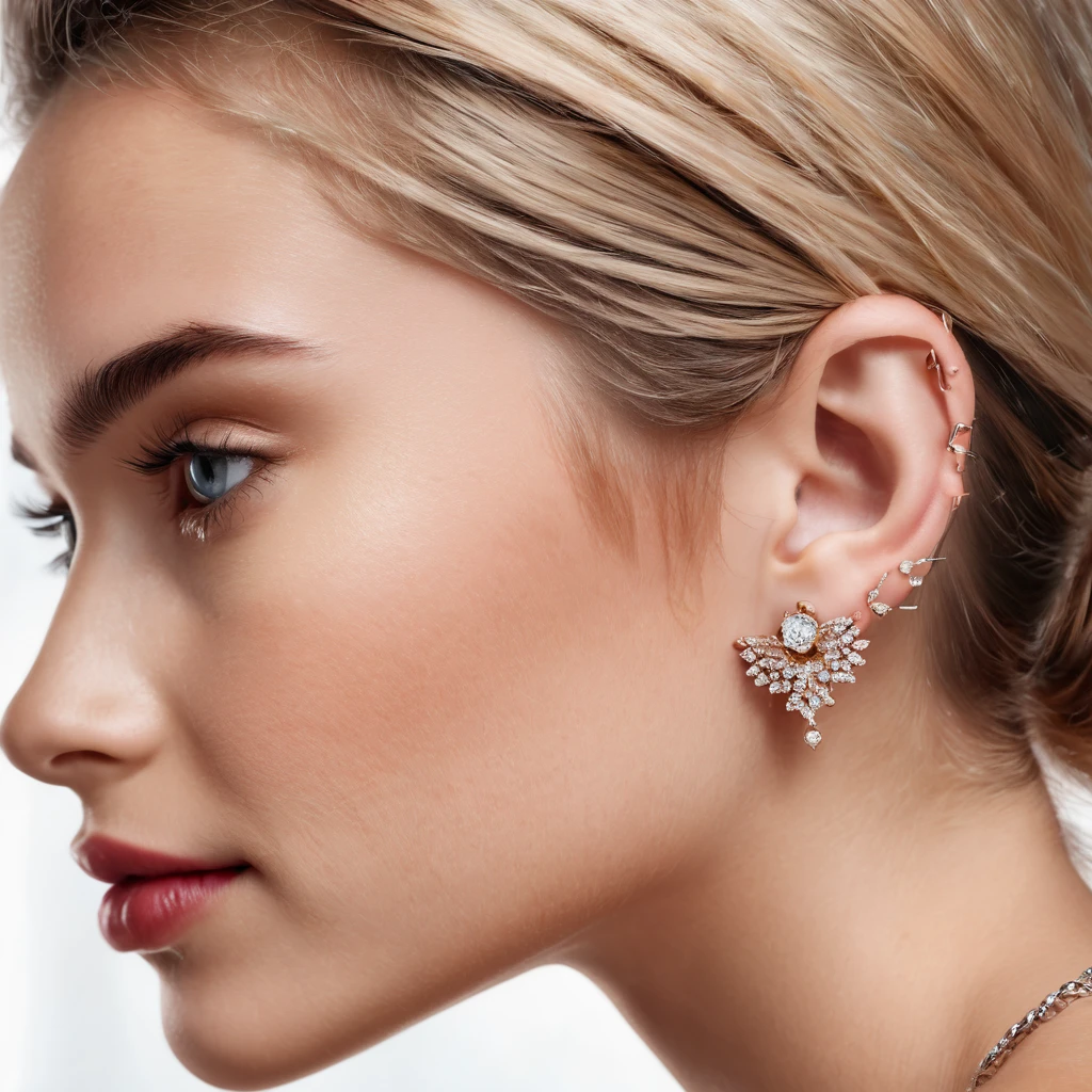 ears, ear piercing, young woman, only ears visible, side, details, realistic, sharp,Only the ears are visible, many ear piercings, beautiful earrings.