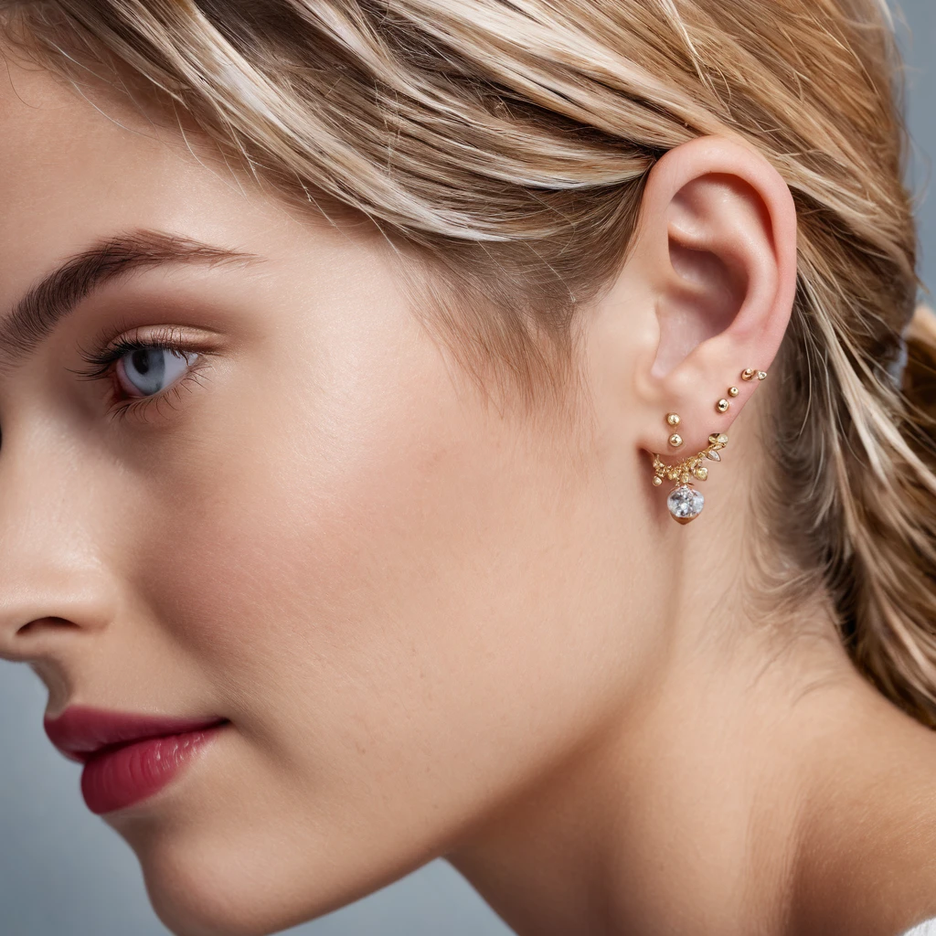 ears, ear piercing, young woman, only ears visible, side, details, realistic, sharp,Only the ears are visible, many ear piercings, beautiful earrings.
