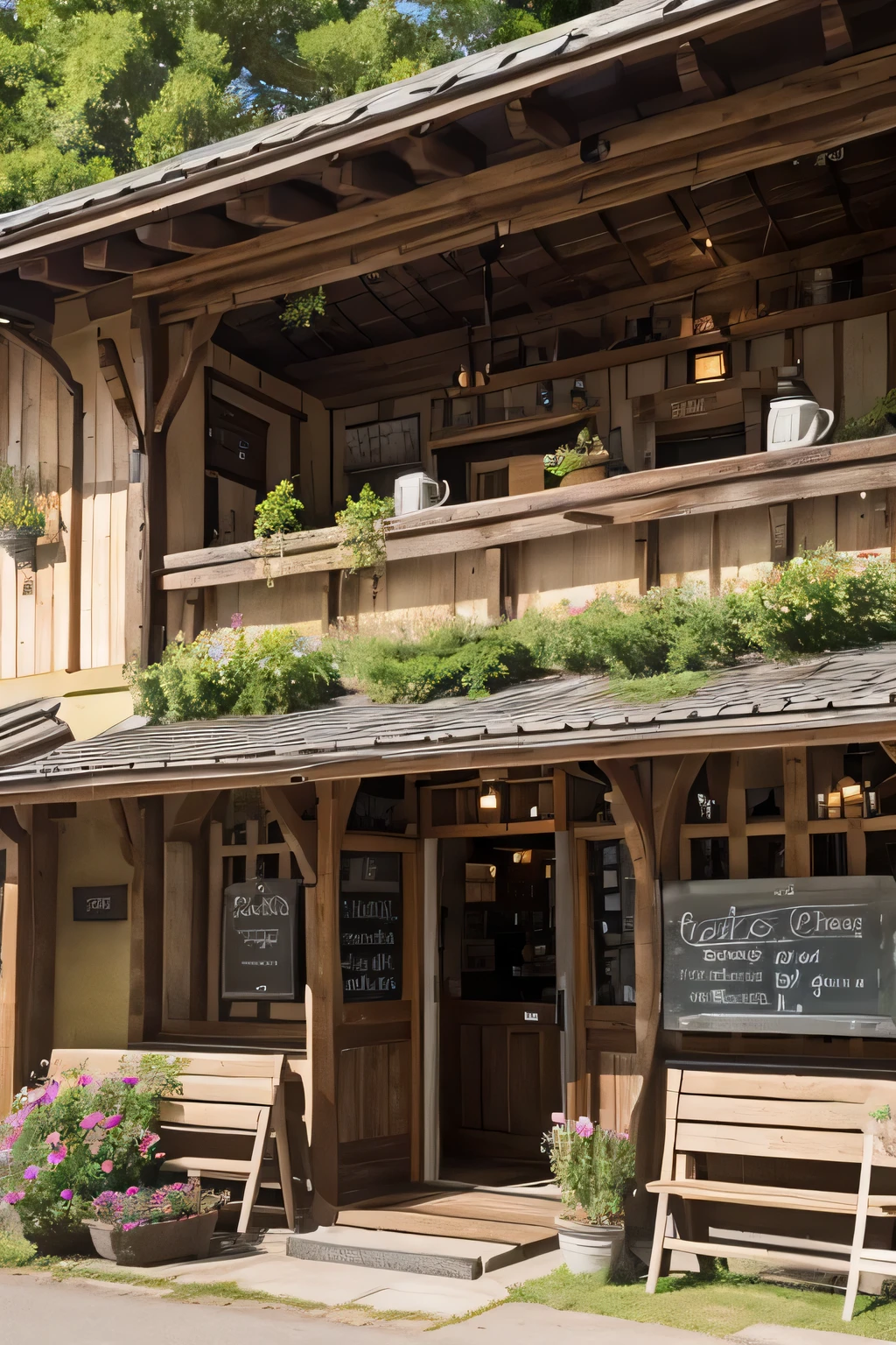 "Create a realistic, photo-like image of a countryside café exterior. The café has a charming rustic design, with wooden walls, a thatched roof, and large windows. There are tables and chairs outside, surrounded by lush greenery and blooming flowers. A signboard displays the café's name, and a small chalkboard shows today's coffee specials. In the background, gentle hills and a clear blue sky complete the serene landscape. Capture the warm, inviting atmosphere, with a focus on the details of the café's exterior and the coffee elements."