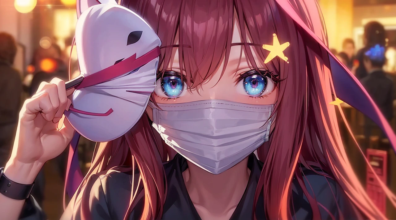 Make it realistic and dont make too realistic make it as like it was drawn from a person and th3 mask that shes holding keep it i want this to be more like an realistic drawing by a person