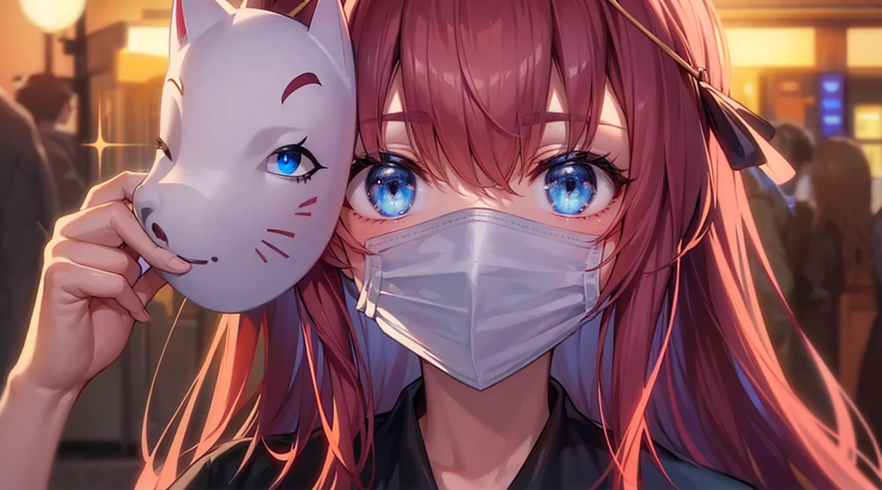 Make it realistic and dont make too realistic make it as like it was drawn from a person and th3 mask that shes holding keep it i want this to be more like an realistic drawing by a person