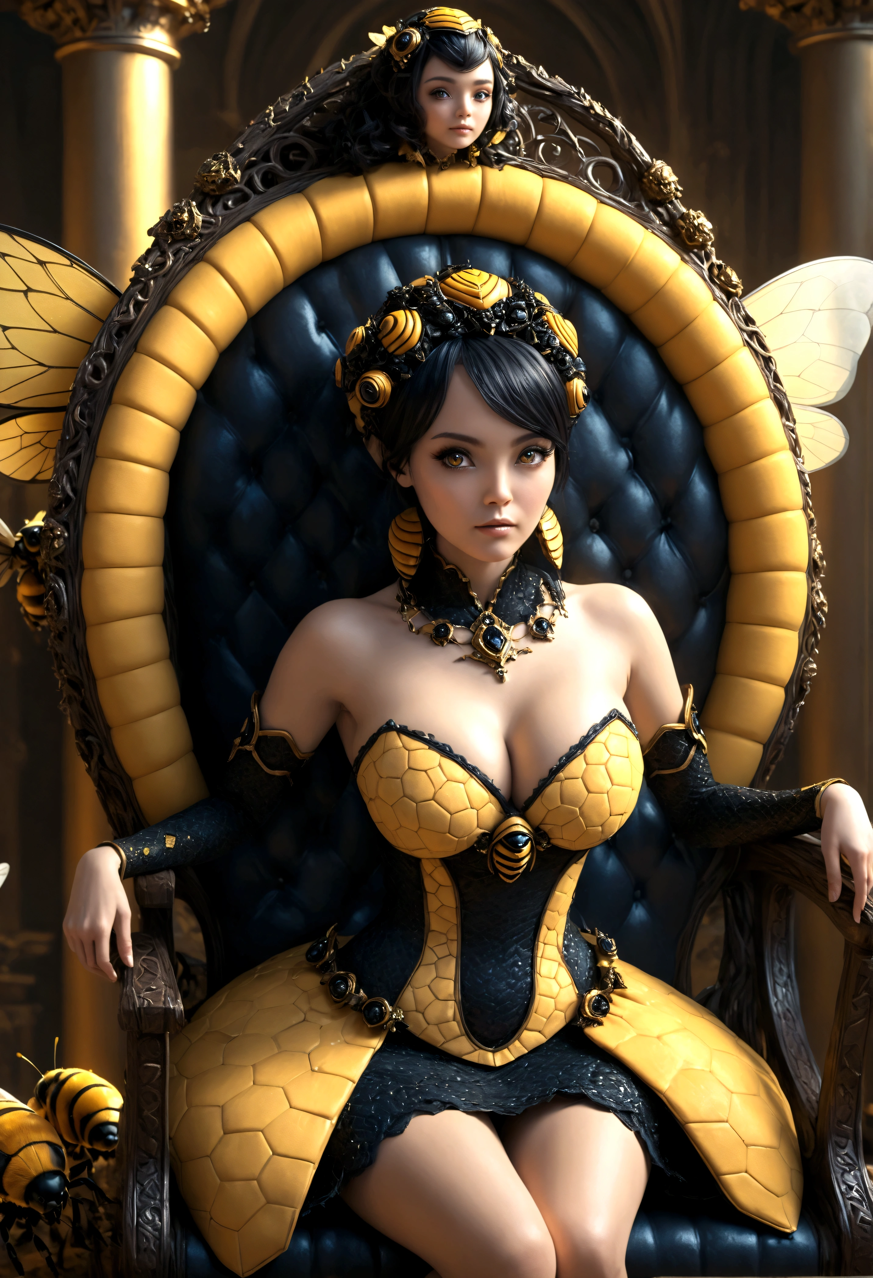 a beautiful woman in an ornate honeycomb throne, wearing a regal bee-themed dress, surrounded by many bee-themed humanoid drones, inside a massive fantasy beehive, (best quality,4k,8k,highres,masterpiece:1.2),ultra-detailed,(realistic,photorealistic,photo-realistic:1.37),extremely detailed eyes and face, longeyelashes, intricate ornate honeycomb throne, elaborate honeycomb patterns, glowing warm lighting, rich vibrant colors, fantasy, concept art, cinematic lighting