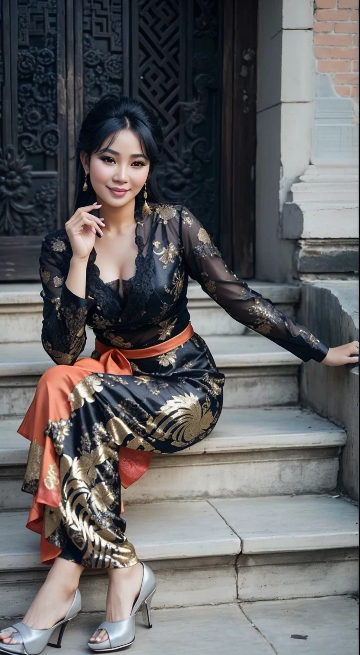 Indonesian mature women，45 years old, Amazing，Beautuful Women，ccurateblack hair，Tang suit，ssmile，Prosperous headdress，wear traditional Indonesian kebaya, 