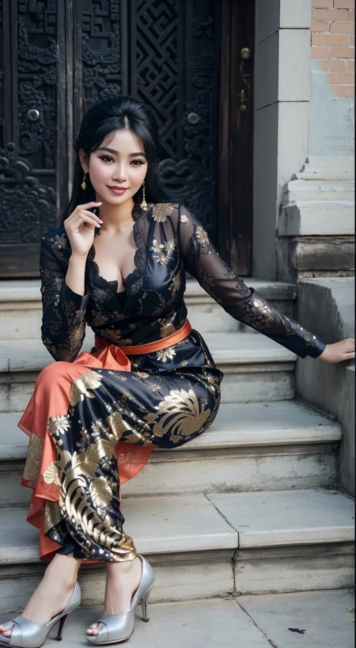 Indonesian mature women，45 years old, Amazing，Beautuful Women，ccurateblack hair，Tang suit，ssmile，Prosperous headdress，wear traditional Indonesian kebaya, 