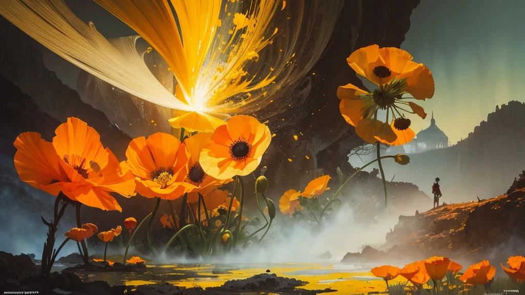 32k, Masterpiece, Highest quality, One girl, Detailed eyes, flower,Iceland Poppy, Orange and yellow style,A dreamy, romantic piece,Pale yellow, Mysterious Leaves,A playful arrangement,Fantasy,High Contrast,Ink strokes,explosion,Exposure, Impression of orange and yellow tones,Abstract,((Watercolours by John Berkey and Jeremy Mann )) Brush strokes,Negative Space, Tyndall effect,