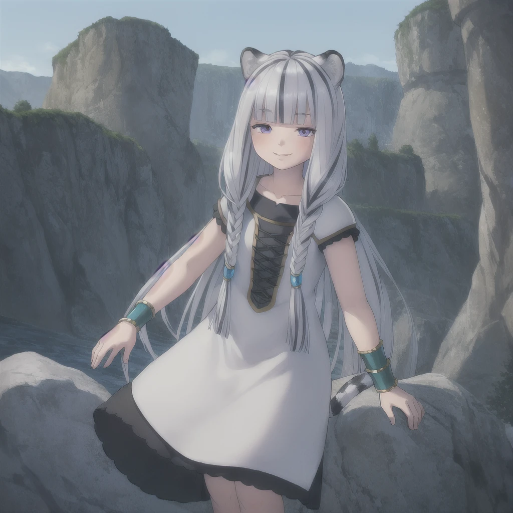 ((masterpiece)), (best quality), (ultra-detailed), photorealistic, (best illustration), ((an extremely delicate and beautiful)), 1girl, solo, long hair, tiger ears, [:tiger tail under:0.2], white hair, two-tone hair, full body, long blue cape, (Alternative outfit:1), platinum armor, cross-laced, standing, evil purple eyes, open eyes, smile, black skirt, short sleeves, detailed scenery, blue sky, horizon, low twin braids, twin braids, hair ornament, bracelet, (knight outfit:0.9), blush, no helmet, Cute but Formidable, girl knight, armor on body. 