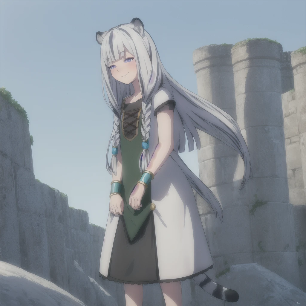 ((masterpiece)), (best quality), (ultra-detailed), photorealistic, (best illustration), ((an extremely delicate and beautiful)), 1girl, solo, long hair, tiger ears, [:tiger tail under:0.2], white hair, two-tone hair, full body, long blue cape, (Alternative outfit:1), platinum armor, cross-laced, standing, evil purple eyes, open eyes, smile, black skirt, short sleeves, detailed scenery, blue sky, horizon, low twin braids, twin braids, hair ornament, bracelet, (knight outfit:0.9), blush, no helmet, Cute but Formidable, girl knight, armor on body. 