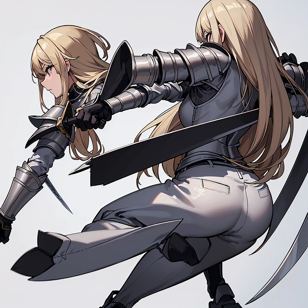 ((((Solo))))、Best illustrations、Best Quality、(Full body character concept、detailed)、(((Simple grey armor、Black trousers、Black gloves、woman、18-year-old、Blonde、Long Hair)))、(((Grab the sword、Get Ready)))、(Old ruins、desert。Grass)、Fall to the floor、(Black, muddy swamp)、(10 medieval knights)、(get annoyed、Open your mouth、shout)、battlefield、(From below、From the back、back view)、(White background)