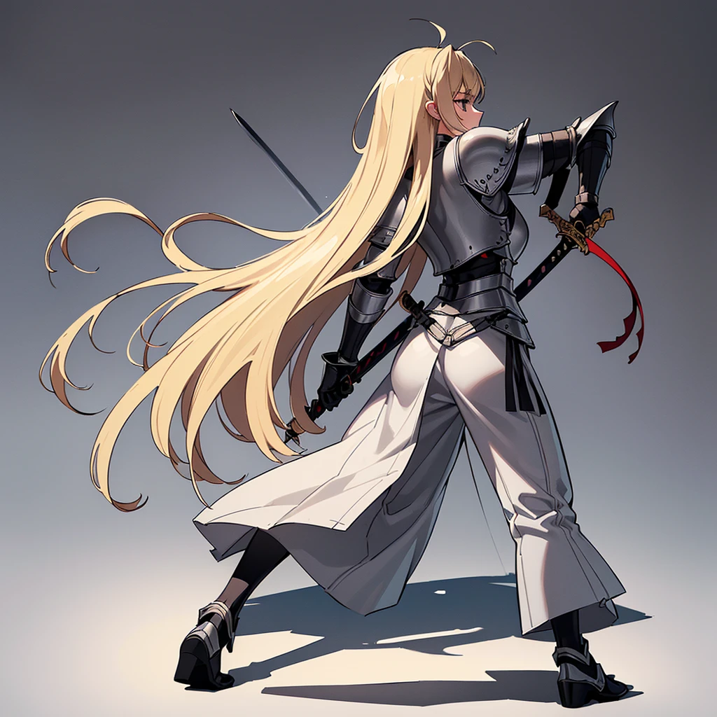 (Full body character concept)、(((Solo)))、Highest quality, Best Quality、8K、Best illustrations、(Full body character concept、detailed)、(woman、18-year-old)、(Blonde、Long Hair)、(((Grab the sword)))、(Fighting stance,)、Dramatic Angle、(White background)、(From the back、Back view)、(((Gray simple armor、Black trousers、Black gloves))、