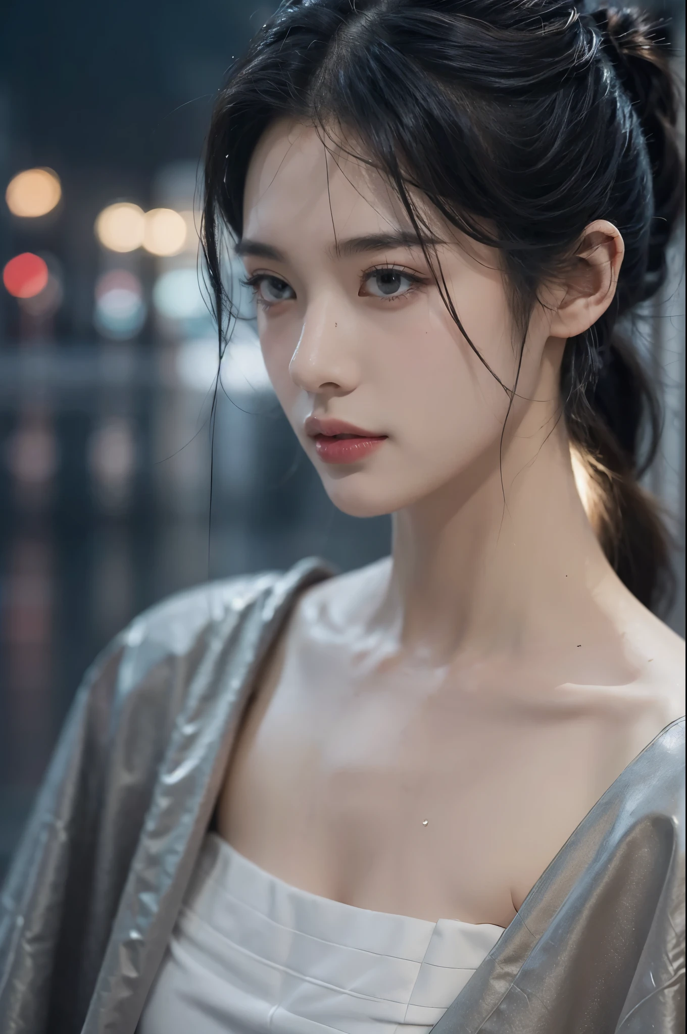 (((best quality))),(((ultra detailed))),(((masterpiece))),illustration,1girl, young,solo, slim,thin,short ponytail,small breasts,flat chest,strapless white bra,rainy night, heavy rain, drenched clothes, melancholy expression, solitude, tear rolling down cheek, wet hair, empty streets, dimly lit, deserted environment, sound of rain, footsteps, symbol of hope, abandoned, resilience, determination, walking in rain, heartbreak, loss, love fading, loneliness, body language, facial expression, dreary atmosphere, rain-soaked streets, somber mood, viewer engagement,((close-up of face,from front)),urban scape,night scene