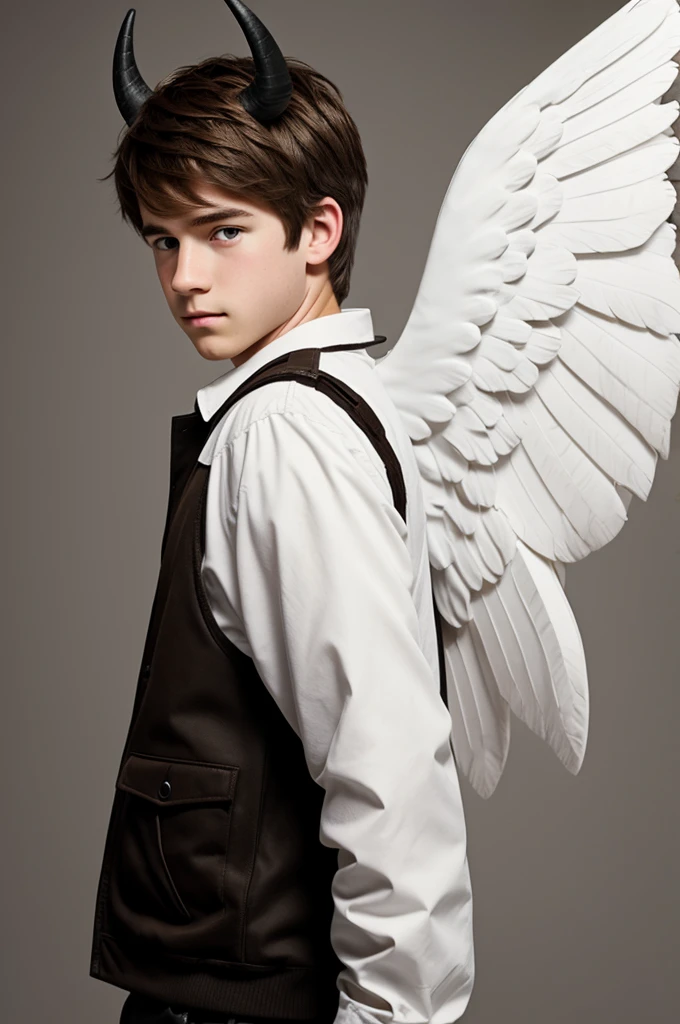 Animated white male teenager with brown hair with white wings on his back and black horns