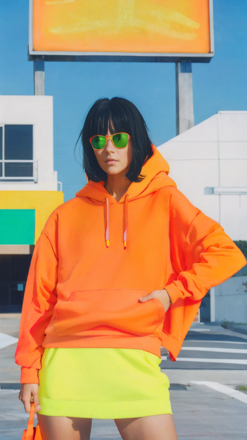 1 girl, beautiful, ultra high resolution,UHD,black bob hair, almond eye, no makeup, wear ((oversized orange hoodie)), ((oversize_hoodie)), peach tennis skirt, in front of ((80's mondrian (red,blue,yellow,green color neon signs, neon paint) architecture Motel)),(from below:1.2), (realistic:1.1), (surreal:1.2), (very detailed:1.1), ((masterpiece)), summer, blue sky, (palm trees),sunny, los angles vibes,