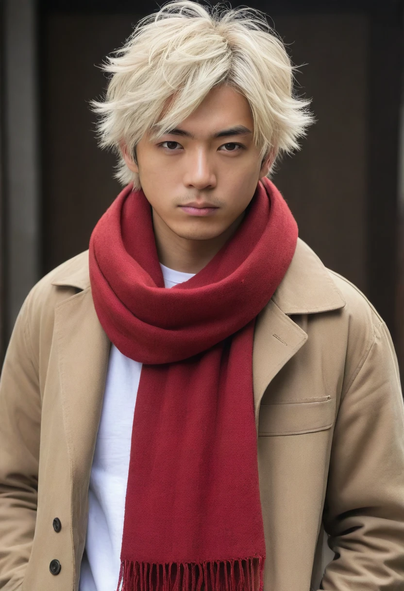 1man, perfect face, Young Japanese man wearing a red scarf and a somewhat old and worn brown jacket, best quality ,masterpiece, illustration, extremely detailed ,CG ,unity ,8k wallpaper, Amazing, finely detail, masterpiece,best quality,official art,extremely detailed CG unity 8k wallpaper,absurdres, incredibly absurdres, huge filesize, ultra-detailed, highres, extremely detailed, messy hair, japanese boy, japan young man, completely white t-shirt, battered red scarf, ryoma nagare, cream coat, white hair, 18yo, 18 years old, age 18,
