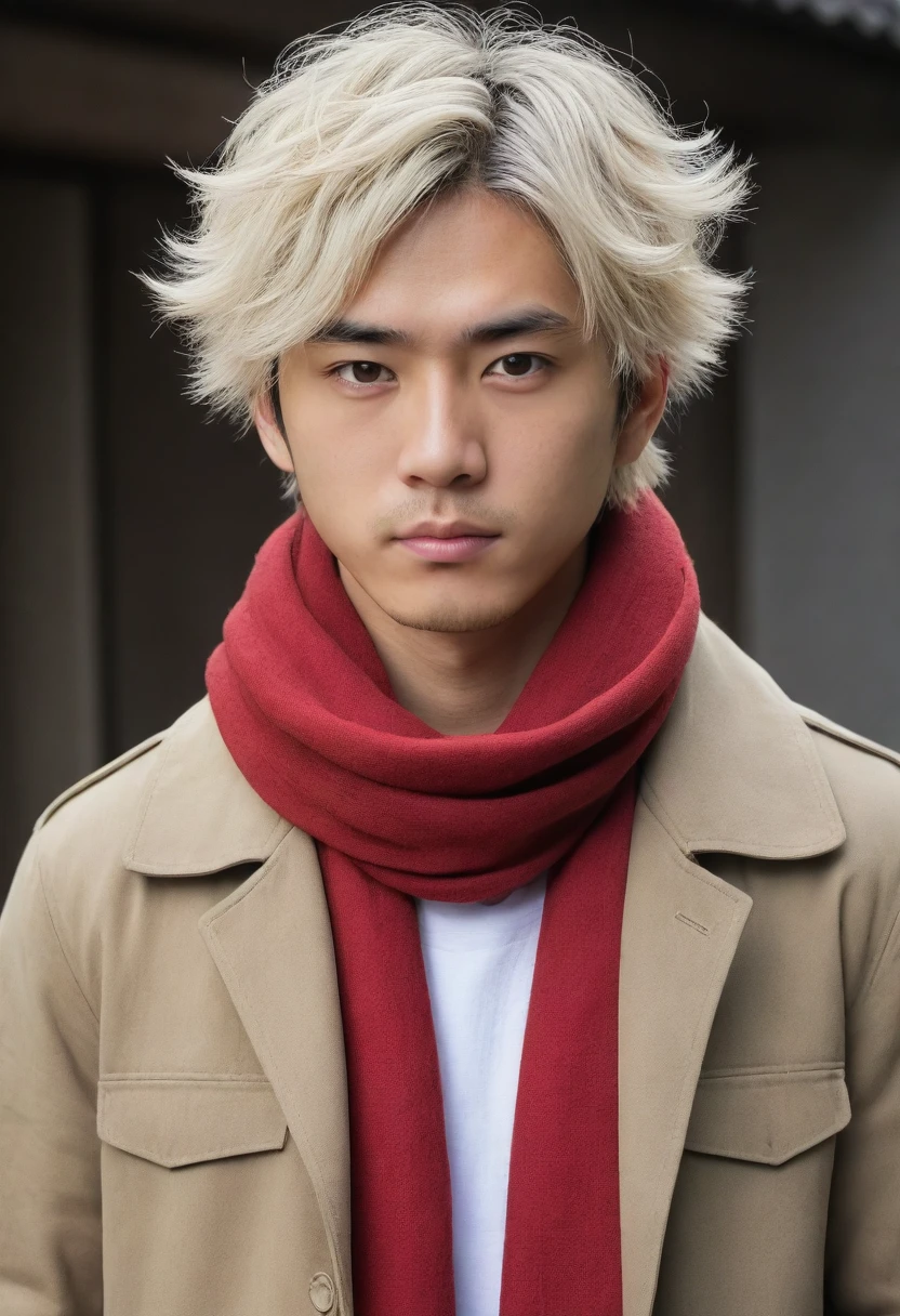 1man, perfect face, Young Japanese man wearing a red scarf and a somewhat old and worn brown jacket, best quality ,masterpiece, illustration, extremely detailed ,CG ,unity ,8k wallpaper, Amazing, finely detail, masterpiece,best quality,official art,extremely detailed CG unity 8k wallpaper,absurdres, incredibly absurdres, huge filesize, ultra-detailed, highres, extremely detailed, messy hair, japanese boy, japan young man, completely white t-shirt, battered red scarf, ryoma nagare, cream coat, white hair, 18yo, 18 years old, age 18,
