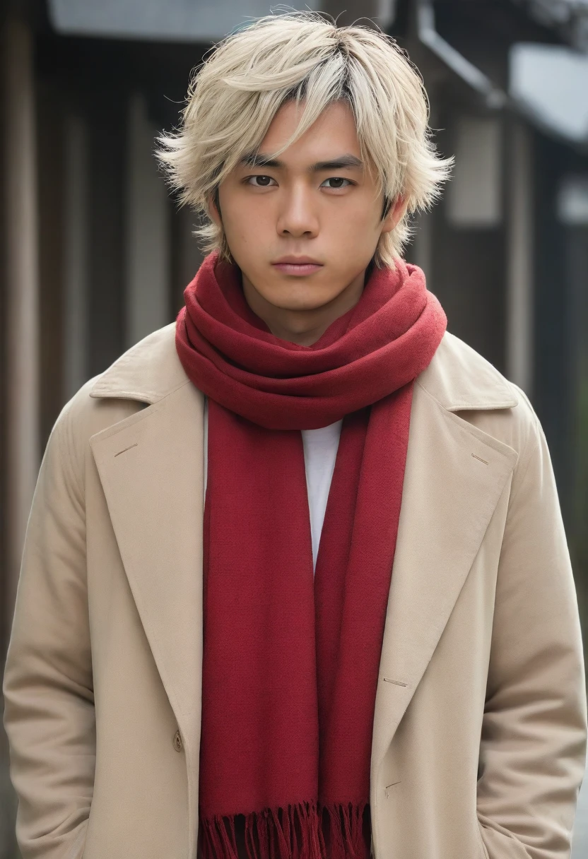 1man, perfect face, Young Japanese man wearing a red scarf and a somewhat old and worn brown jacket, best quality ,masterpiece, illustration, extremely detailed ,CG ,unity ,8k wallpaper, Amazing, finely detail, masterpiece,best quality,official art,extremely detailed CG unity 8k wallpaper,absurdres, incredibly absurdres, huge filesize, ultra-detailed, highres, extremely detailed, messy hair, japanese boy, japan young man, completely white t-shirt, battered red scarf, ryoma nagare, cream coat, white hair, 18yo, 18 years old, age 18,
