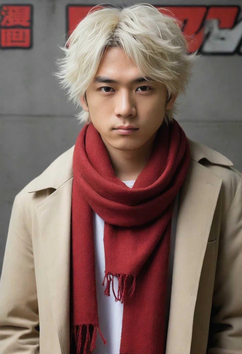 1man, perfect face, Young Japanese man wearing a red scarf and a somewhat old and worn brown jacket, best quality ,masterpiece, illustration, extremely detailed ,CG ,unity ,8k wallpaper, Amazing, finely detail, masterpiece,best quality,official art,extremely detailed CG unity 8k wallpaper,absurdres, incredibly absurdres, huge filesize, ultra-detailed, highres, extremely detailed, messy hair, japanese boy, japan young man, completely white t-shirt, battered red scarf, ryoma nagare, cream coat, white hair, 18yo, 18 years old, age 18,
