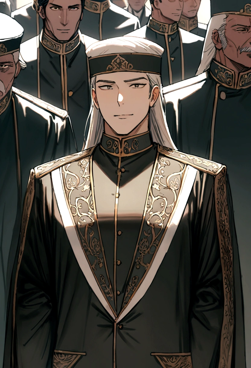 Handsome man, Islam Songkok, Chara Maraille , dignified face, ((many subordinates behind him)),32K, Best quality, Masterpiece, super detail, High Details,