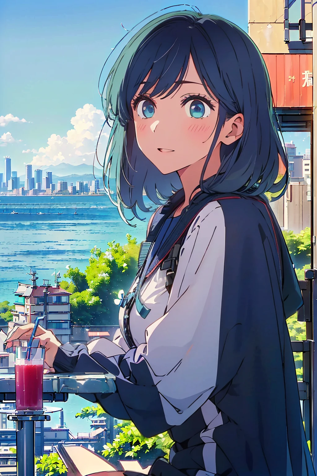 (Highest quality:1.4、masterpiece:1.4、超detailed:1.4、Ultra-high resolution:1.4、Absurd:1.4、Absolute Resolution:1.4、8K:1.4、detailed:1.4)、F cup bust、Big Breasts、Slim body、((((1 person、Surprised expression、sit、Chair、In the background are the urban buildings of Tokyo、coastal、looking at the camera、Outdoor café terrace、Navy hair color、juice、Shooting up close、table、Very cute face))))、Plain black blouson、Cheek resting on hand、Very blue sky、A completely cloudless sky