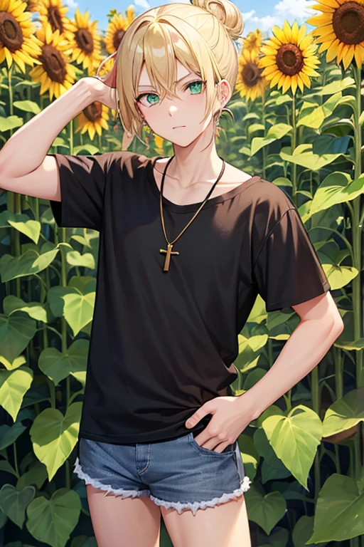 Anime boy, neutral expression, with blonde hair tied in a bun, green eyes, black T-shirt, blue jean shorts, gold cross necklace, standing in a tall sunflower field, holding a sunflower in hands,