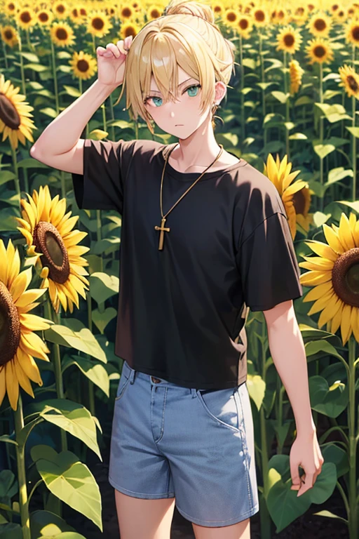 Anime boy, neutral expression, with blonde hair tied in a bun, green eyes, black T-shirt, blue jean shorts, gold cross necklace, standing in a tall sunflower field, holding a sunflower in hands,