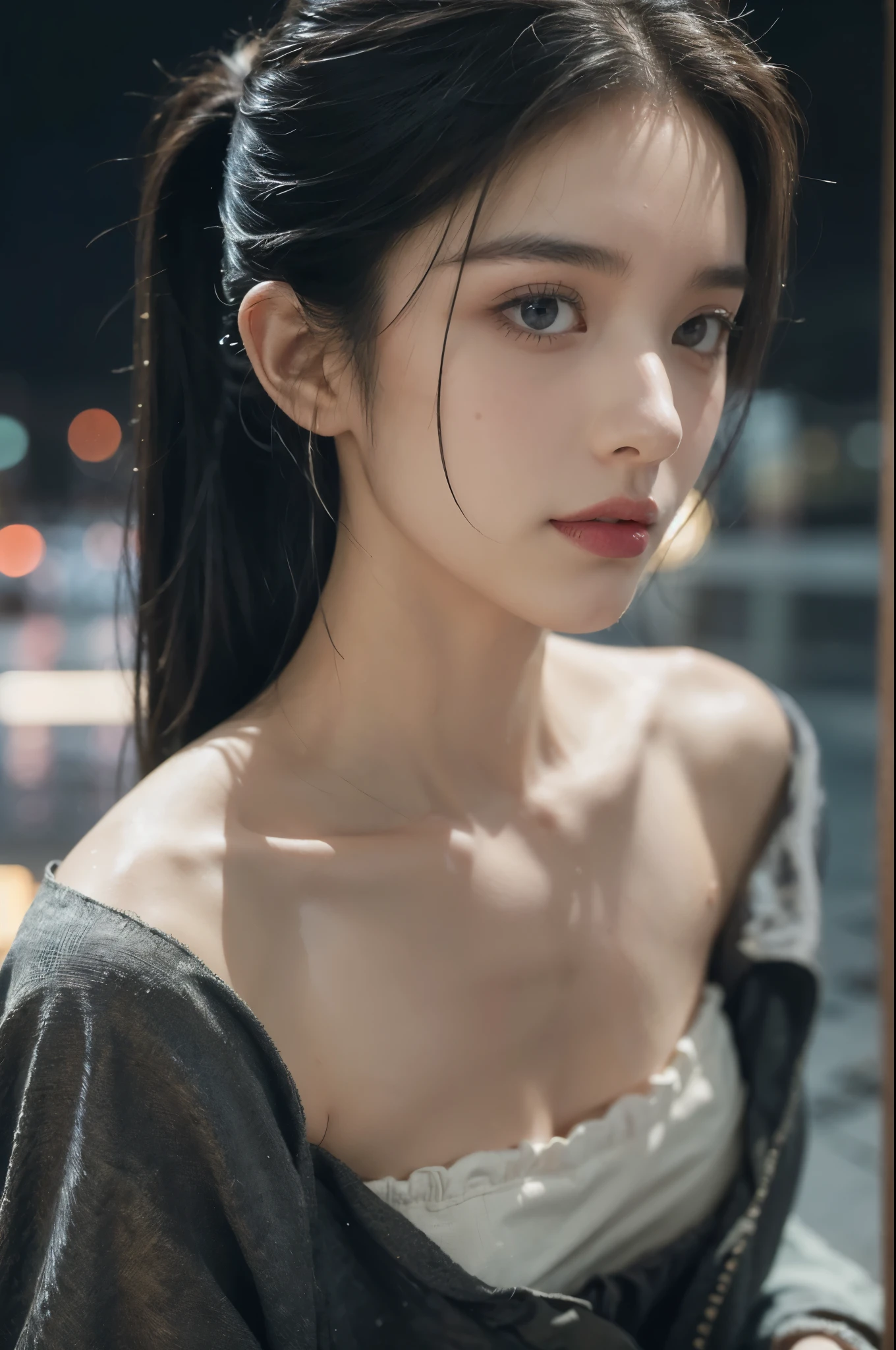 (((best quality))),(((ultra detailed))),(((masterpiece))),illustration,1girl, young,solo, slim,thin,short ponytail,small breasts,flat chest,strapless white bra,rainy night, heavy rain, drenched clothes, melancholy expression, solitude, tear rolling down cheek, wet hair, empty streets, dimly lit, deserted environment, sound of rain, footsteps, symbol of hope, abandoned, resilience, determination, walking in rain, heartbreak, loss, love fading, loneliness, body language, facial expression, dreary atmosphere, rain-soaked streets, somber mood, viewer engagement,((close-up of face,from front)),urban scape,night scene