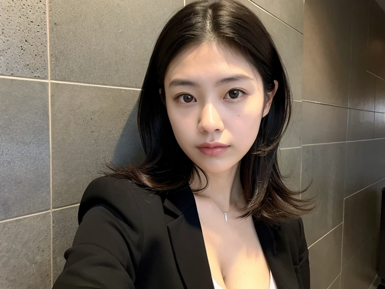 Black jacket over a white shirt、Japanese office lady clothes、Large Breasts、You can see the cleavage from the shirt、Photographed in natural light、Highly detailed face and skin texture、Highly detailed lips、The correct state of the human body、Ultra-high resolution、(Photorealistic:1.4)、Highest quality, One beautiful woman, 30 years old, s, Selfie with mobile phone、Taken with iPhone front camera、Office Style Background,Concrete Background、Tile Background、(Dark brown medium long hair)、Black-haired、Long hair Japanese woman、(Dark brown hair)、Various poses、Don'Don't look at the camera、profile、Natural color lip、Spring Clothes、 necklace