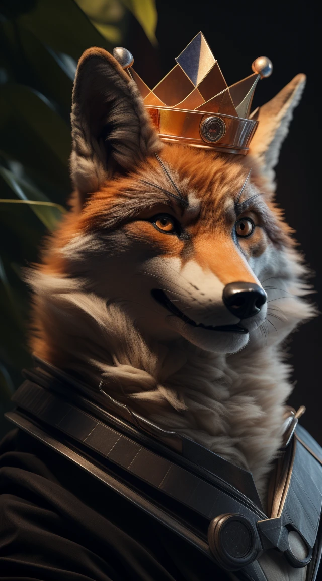 (better quality,16K,32k,highres,master piece:1.2),ultra detali,(realistic,fotorrealistic,photo-realistic:1.37),(an orange and white fox) looking at the viewer seductive expression with cute face a realistic background bright orange eye A cunning villain pose with (shiny crown) expression of serious courageous and confident and cunning