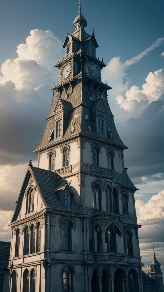 a surreal house without doors on a hill, roof made of clouds, silver fish in the windows, old clock in front, (best quality,4k,8k,highres,masterpiece:1.2),ultra-detailed,(realistic,photorealistic,photo-realistic:1.37),detailed landscape,cinematic lighting,vibrant colors,intricate architecture,fantastical elements,dreamlike atmosphere