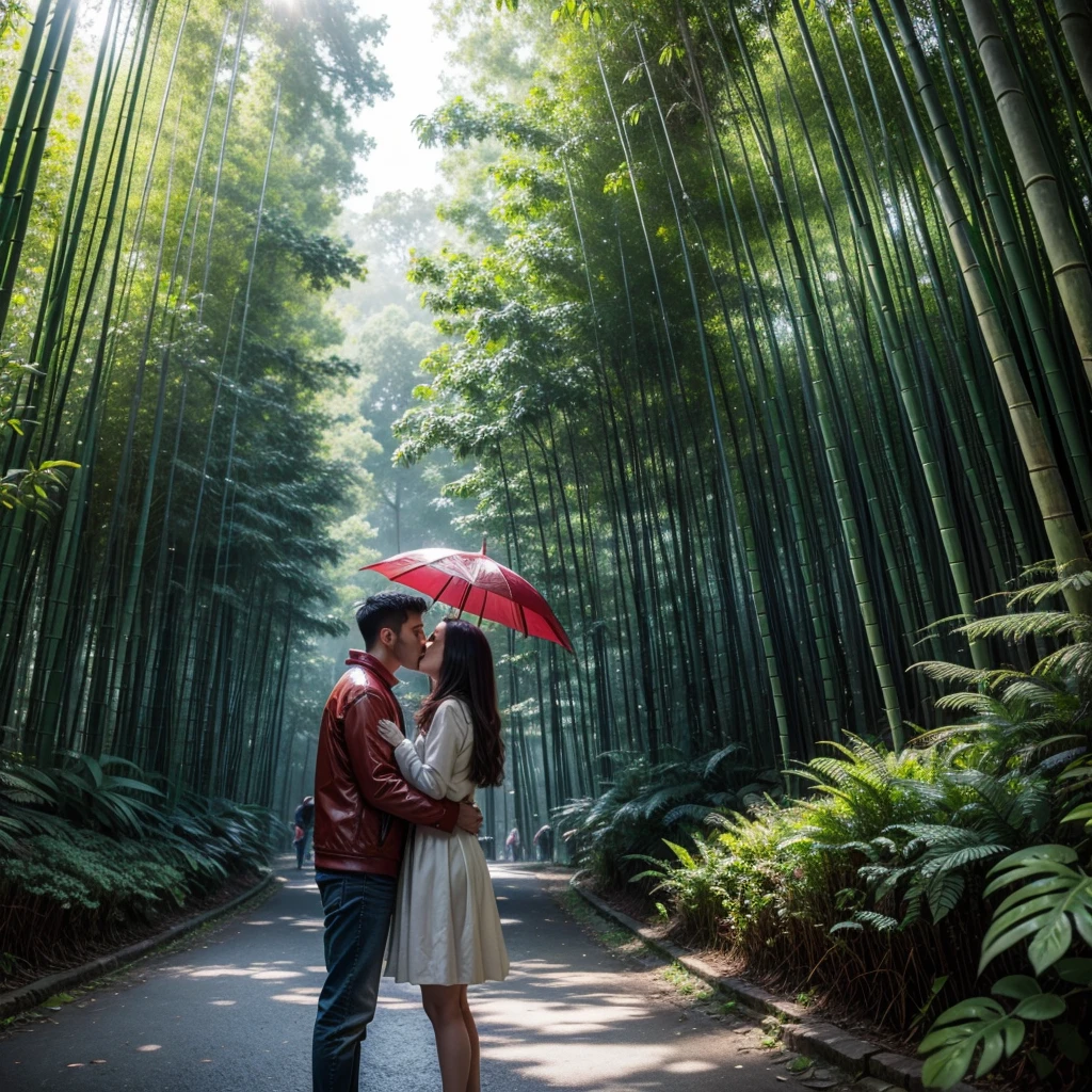 A couple kissing in the rain, under a red umbrella, One Way, a path in the middle of the bamboo forest, A kaleidoscopic look, an image with a fisheye lens effect，Capture a wide field of view with a unique curved perspective, imposing bamboos, sunlight. Style easily 