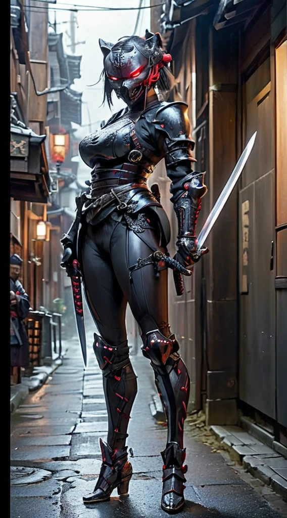 action shot, realistic digital photo, angry anthropomorphic black wolf samurai pulls a magical glowing katana out of the sheath, black with red wooden armor, helmet, daemon samurai mask, standing in an old Japanese village, uhd, 8k, insane details, 