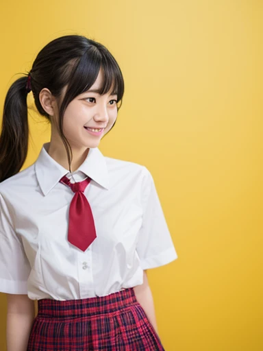 One person、One personで、An 18-year-old high school girl takes a photo wearing a short-sleeved white sailor uniform、victory、Twin tails、Tsundere、masterpiece、high resolution、Sharp focus）、Navy Blue Shirt、Red tie、Navy and red checked mini skirt、cute、Japanese women、17 years old、sexy、Laughter、(Perfect Anatomy、Delicate and beautiful hands and feet)、Yellow Wall,Small breasts、Nogizaka idol、Slim figure、sexy、I can see your thighs