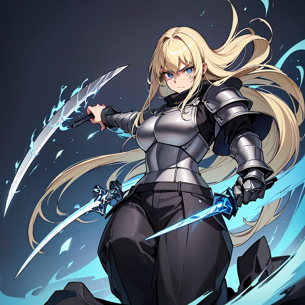 (((Solo)))、(Full body character concept)、Highest quality, Best Quality、(((Gray simple armor、Black trousers))、(woman、18-year-old)、(Blonde、Long Hair)、(Simple Background)、(get annoyed、Grit your teeth)、(From below)、Glowing blue aura、(Grab the sword、Ready your sword)、Movement angle、(斜めFrom below)