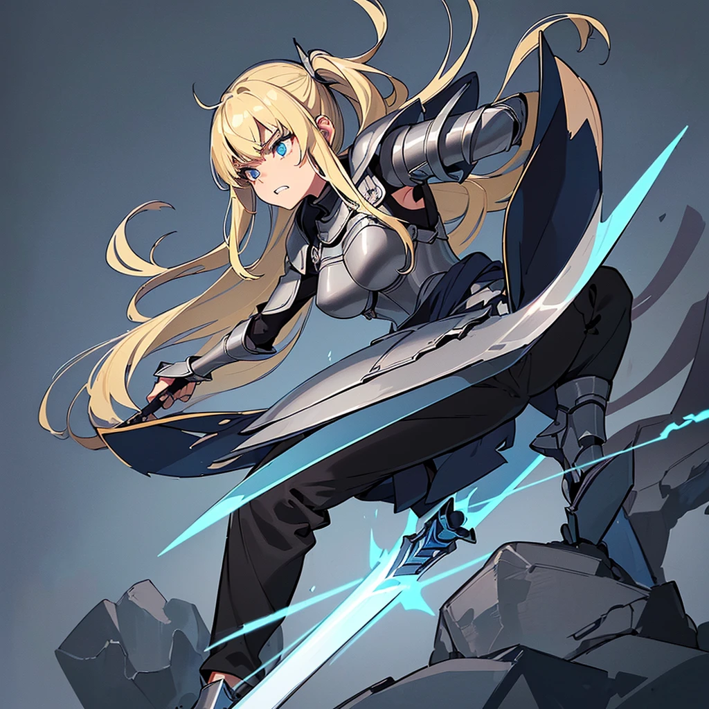 (((Solo)))、(Full body character concept)、Highest quality, Best Quality、(((Gray simple armor、Black trousers))、(woman、18-year-old)、(Blonde、Long Hair)、(Simple Background)、(get annoyed、Grit your teeth)、(From below)、Glowing blue aura、(Grab the sword、Ready your sword)、Movement angle、(斜めFrom below)