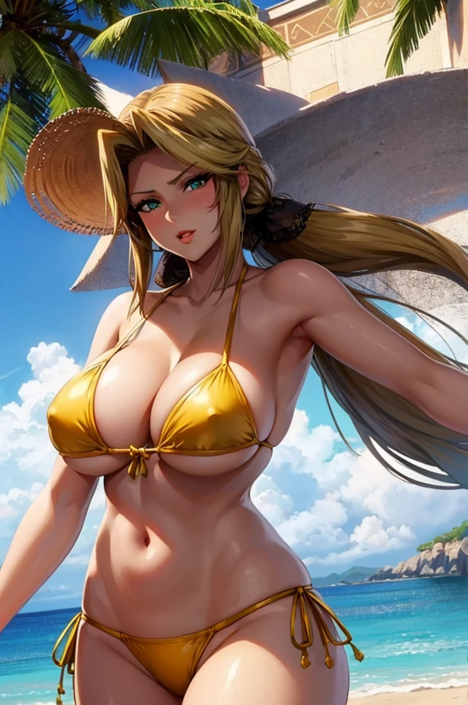 (Strong sunlight)Golden Bikini
(Triumphant Face:1.5), The face we&#39;re looking for,8K(A slightly shy smile)
woman,Huge boobs,very red lips,Emphasis on huge breasts,Big Ass,Thin waist long legs,Green Eyes, Emphasis on huge breasts,緑がかった青い目
8K(Anime style face:1.3) The facial expression is good,Beach Girl:1.3