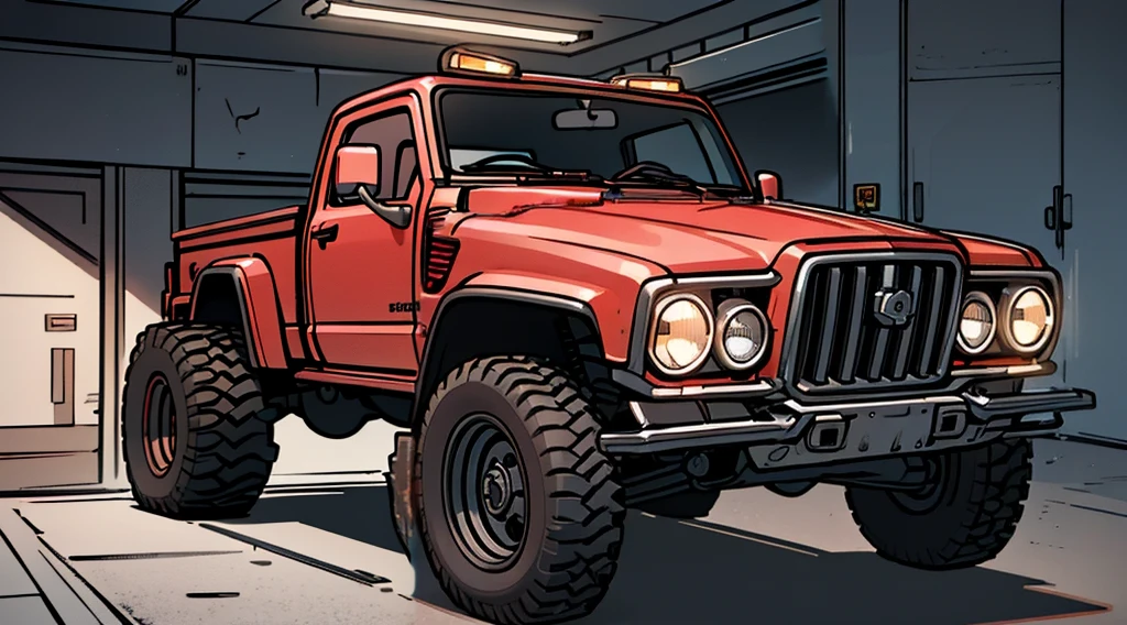 ((Best Quality)), ((masterpiece)), Highly detailed, 8K, red 6x6 heavy pickup truck, red dirty matte paint, boxy angles, boxy 80s design, ((2 pairs of back wheels:1.3)), bright showroom, cel-shaded, line art, bold black outlines, comic style, inkpunk, bright photoshoot lighting, ((isometric symmetry:1.2))