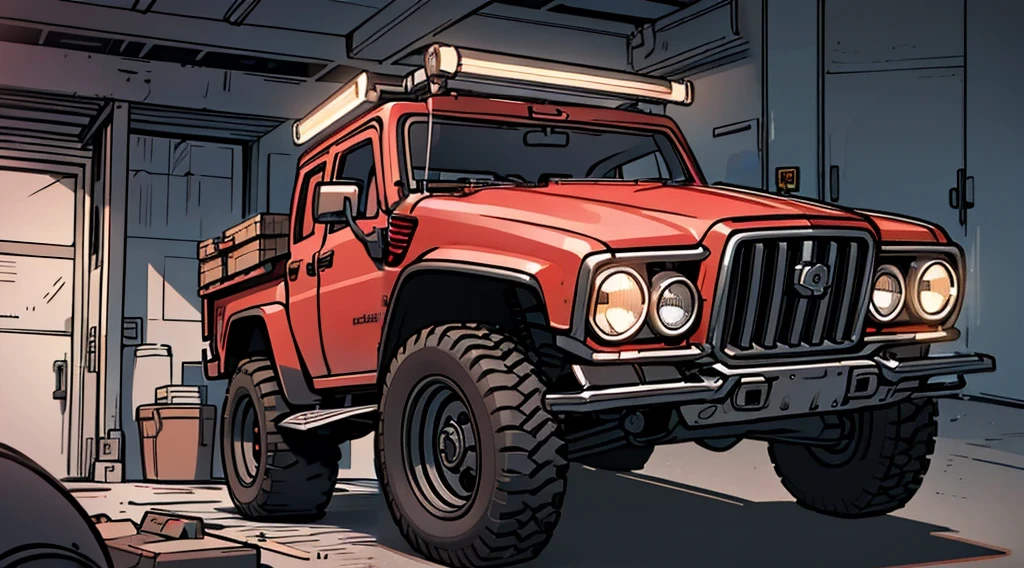 ((Best Quality)), ((masterpiece)), Highly detailed, 8K, red 6x6 heavy pickup truck, red dirty matte paint, boxy angles, boxy 80s design, ((2 pairs of back wheels:1.3)), bright showroom, cel-shaded, line art, bold black outlines, comic style, inkpunk, bright photoshoot lighting, ((isometric symmetry:1.2))