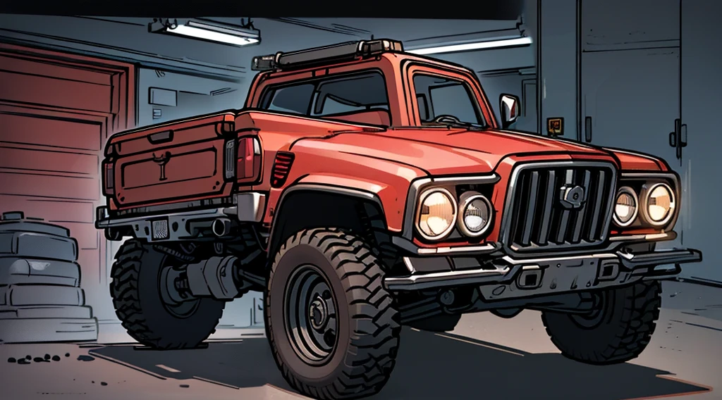 ((Best Quality)), ((masterpiece)), Highly detailed, 8K, red 6x6 heavy pickup truck, red dirty matte paint, boxy angles, boxy 80s design, ((2 pairs of back wheels:1.3)), bright showroom, cel-shaded, line art, bold black outlines, comic style, inkpunk, bright photoshoot lighting, ((isometric symmetry:1.2))