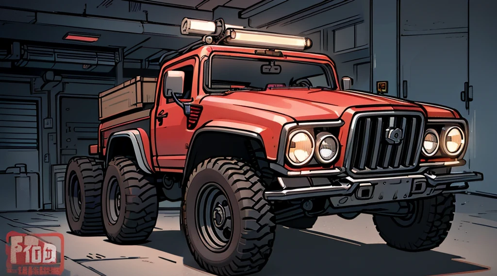 ((Best Quality)), ((masterpiece)), Highly detailed, 8K, red 6x6 heavy pickup truck, red dirty matte paint, boxy angles, boxy 80s design, ((2 pairs of back wheels:1.3)), bright showroom, cel-shaded, line art, bold black outlines, comic style, inkpunk, bright photoshoot lighting, ((isometric symmetry:1.2))