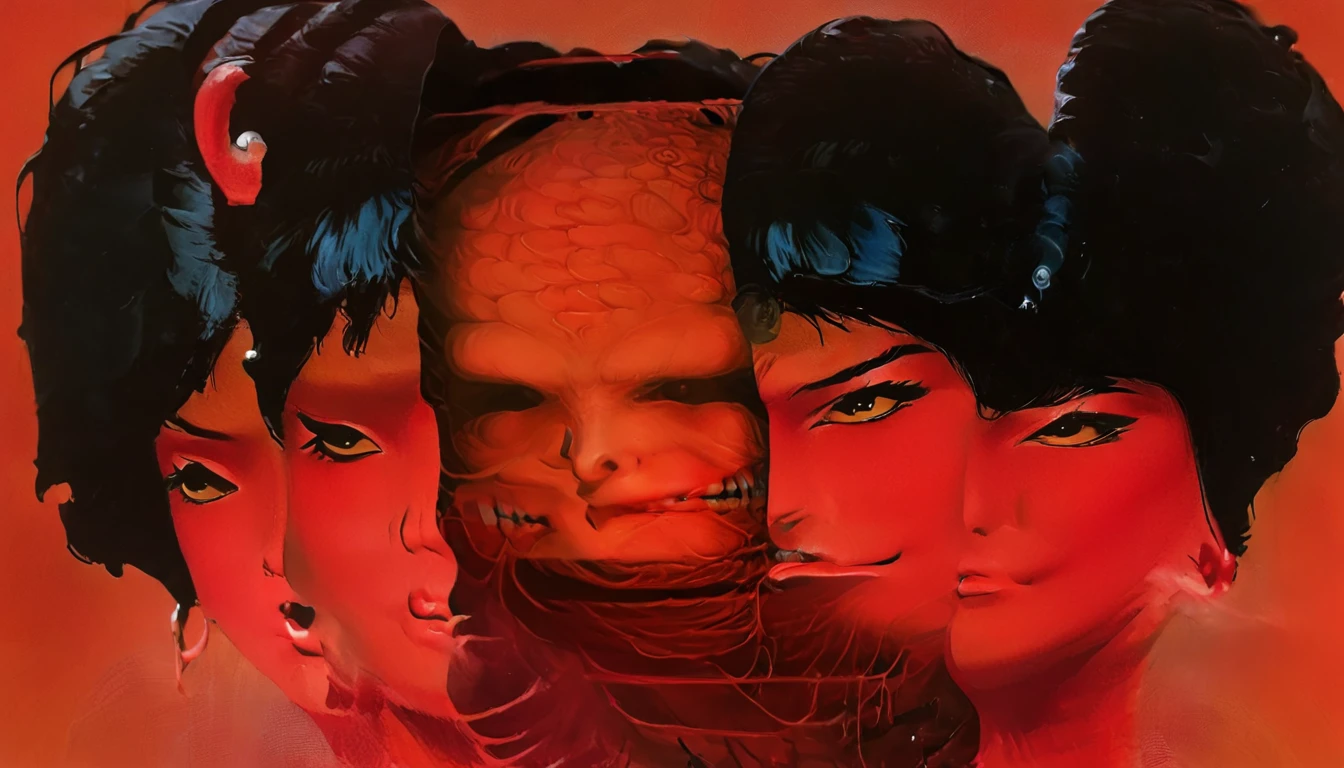 1 demon girl 
Abnormaly elongated
gradient color
(red leather turtle neck tight with zipper),
black long hair
geisha, small intriquet demon hoard hyper detailed realism, clinging to her.
(art by  Yoshitaka Amano   )  intense dark feeling, scary, morbid 